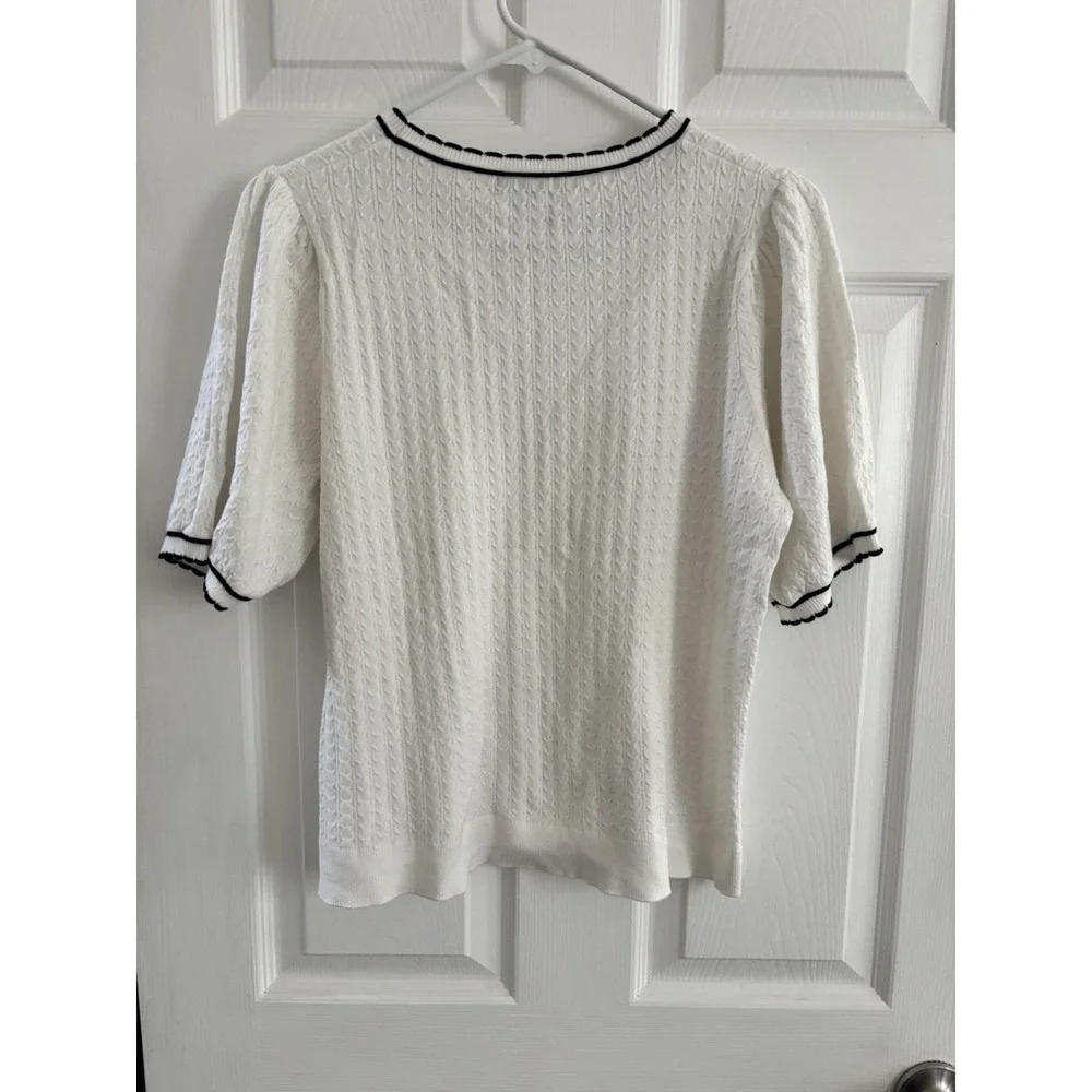 Adrianna Papell Ladylike Scalloped Edge Short Sleeve Sweater Size Large Wht/Navy - Picture 7 of 11